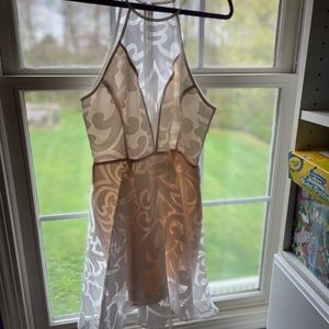 Keepsake Sheer cream dress with tan underlay for coverage. Size M